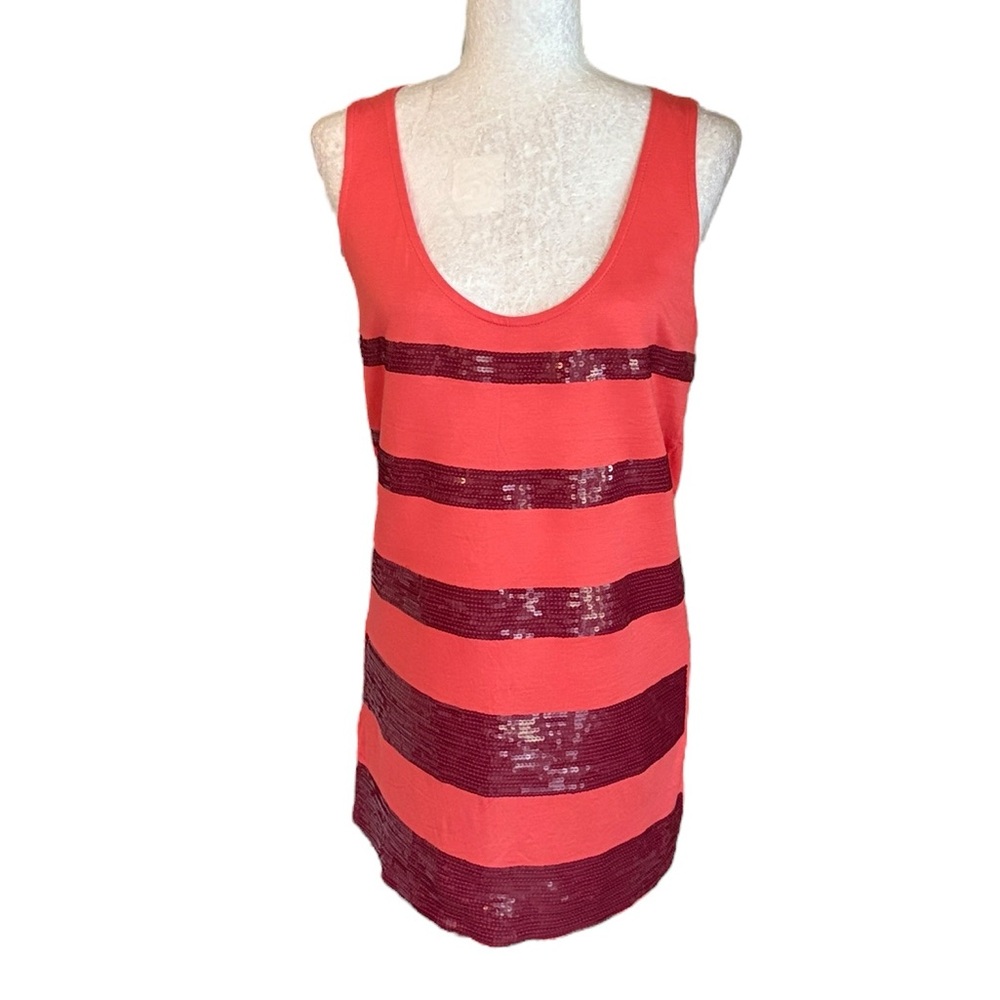 NWT Mango MNG Orange & Burgundy Maroon Sequin Striped Mini Tank Dress - L